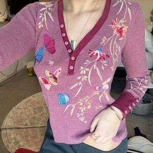 Johnny Was Pink Cardigan with Floral and Butterfly Embroidery